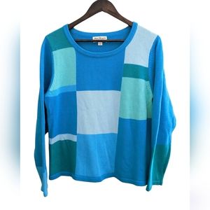 Vintage Norm Thompson Blue Turquoise Color Block Knit Crewneck Sweater